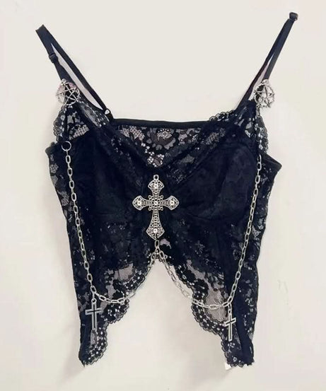Haunted Heart Black Lace Cami Top - Gothic Skull & Cross Chains for Spooky Season Style
