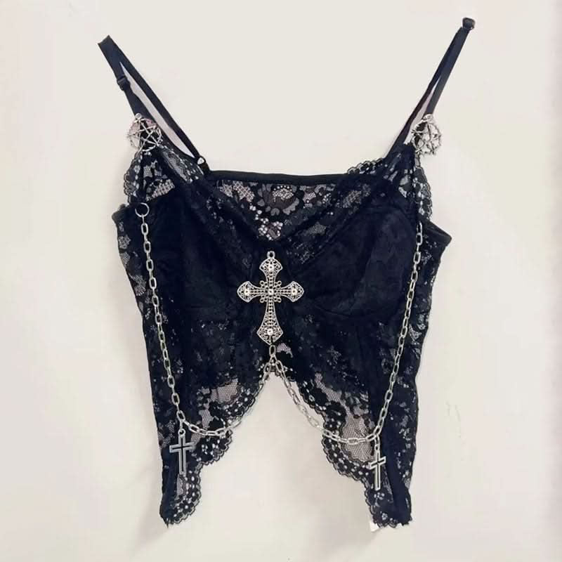 Haunted Heart Black Lace Cami Top - Gothic Skull & Cross Chains for Spooky Season Style