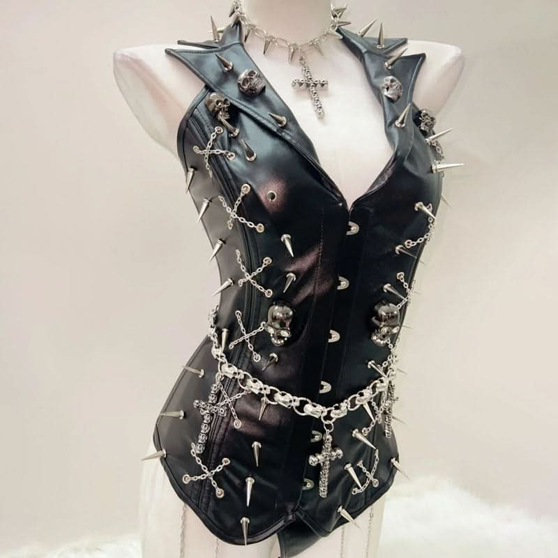 Fierce Spiked & Chained Gothic Faux Leather Bodysuit – Your Ultimate Halloween & Clubwear Statement