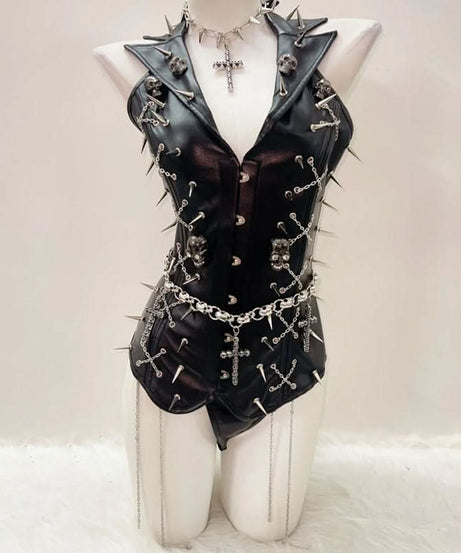 Fierce Spiked & Chained Gothic Faux Leather Bodysuit – Your Ultimate Halloween & Clubwear Statement