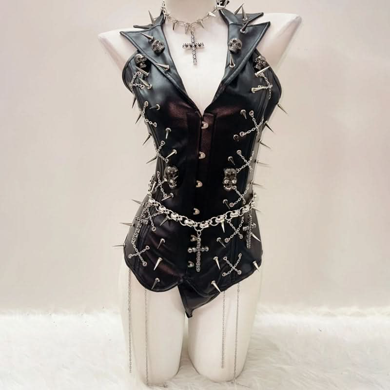 Fierce Spiked & Chained Gothic Faux Leather Bodysuit – Your Ultimate Halloween & Clubwear Statement