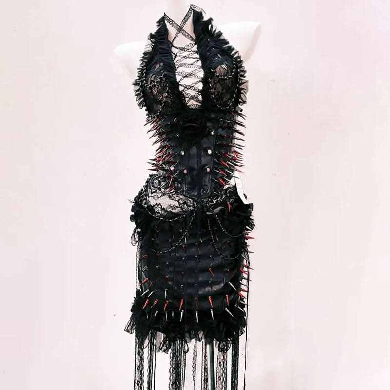 Fierce Gothic Spiked Halter Corset Top – Unleash Your Rebel Style for Halloween & Beyond