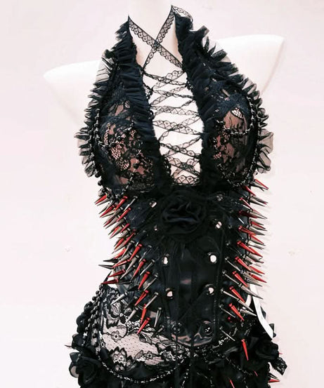 Fierce Gothic Spiked Halter Corset Top – Unleash Your Rebel Style for Halloween & Beyond