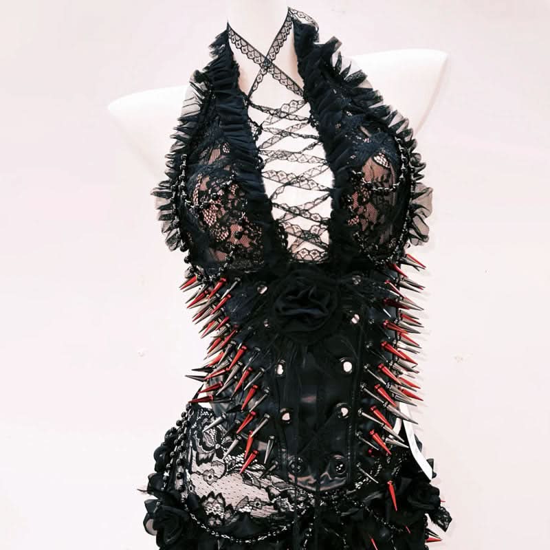 Fierce Gothic Spiked Halter Corset Top – Unleash Your Rebel Style for Halloween & Beyond