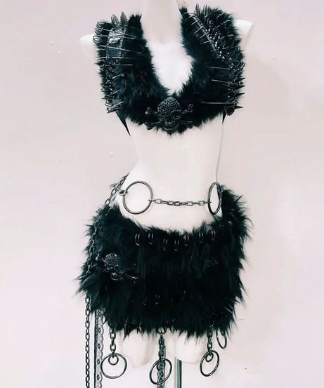 Unleash Your Inner Rebel: Spiked Fur & Skull Gothic Rave Outfit Set - Perfect for Halloween & Festivals
