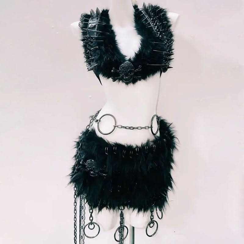 Unleash Your Inner Rebel: Spiked Fur & Skull Gothic Rave Outfit Set - Perfect for Halloween & Festivals