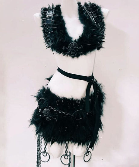 Unleash Your Inner Rebel: Spiked Fur & Skull Gothic Rave Outfit Set - Perfect for Halloween & Festivals