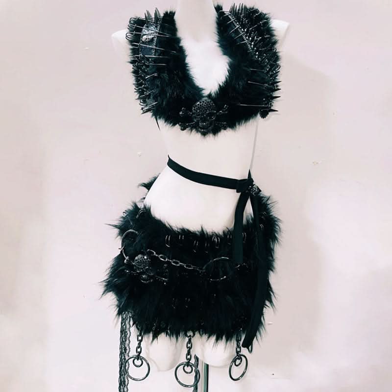 Unleash Your Inner Rebel: Spiked Fur & Skull Gothic Rave Outfit Set - Perfect for Halloween & Festivals