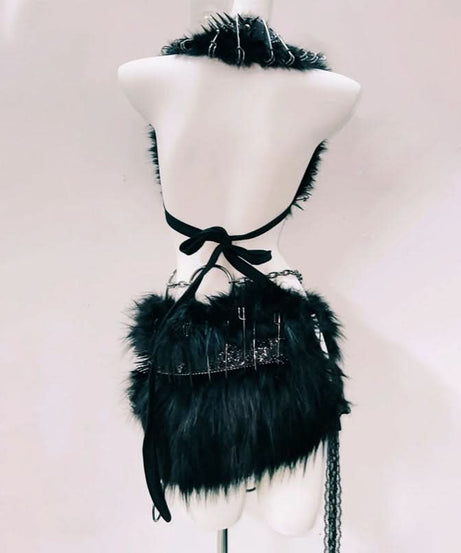 Unleash Your Inner Rebel: Spiked Fur & Skull Gothic Rave Outfit Set - Perfect for Halloween & Festivals