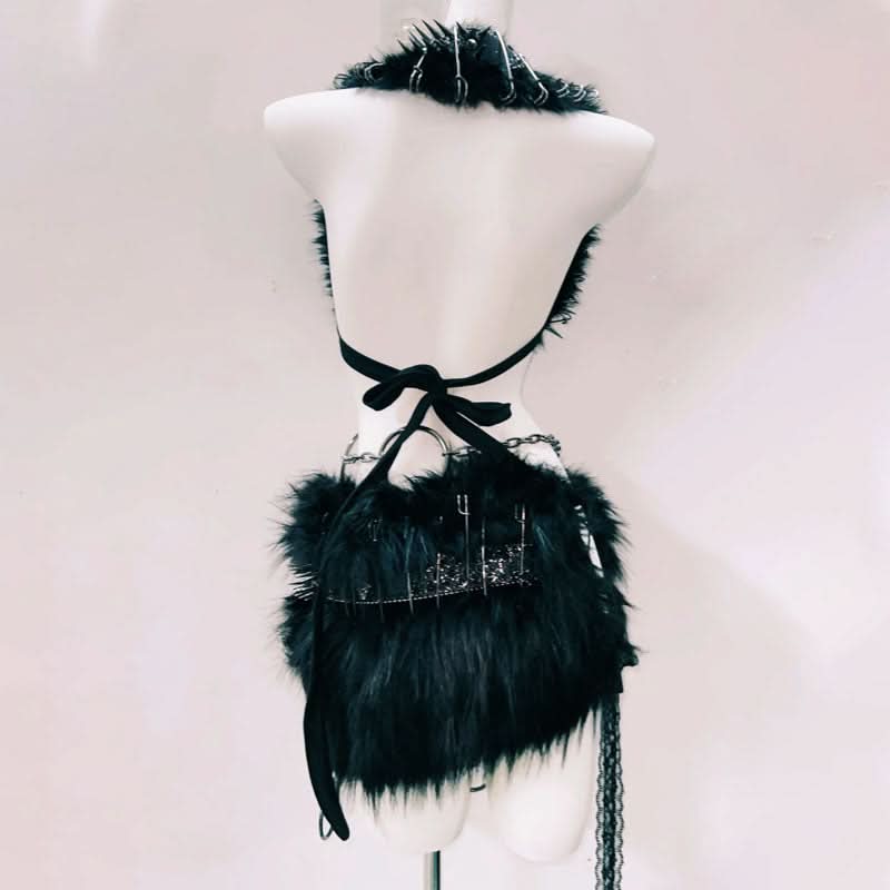 Unleash Your Inner Rebel: Spiked Fur & Skull Gothic Rave Outfit Set - Perfect for Halloween & Festivals