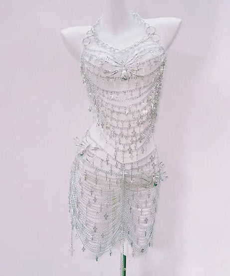 "Divine Rebel" Silver Chain & Cross Halter Mini Dress - Ultimate Halloween & Rave Glam