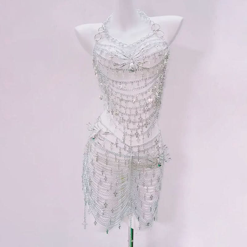 "Divine Rebel" Silver Chain & Cross Halter Mini Dress - Ultimate Halloween & Rave Glam