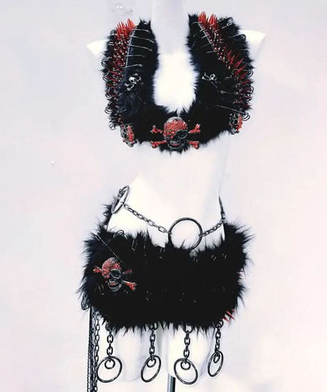 Fierce Spiked Skull Faux Fur Rave Set: Halter Crop Top & Mini Skirt - Halloween & Festival Ready!