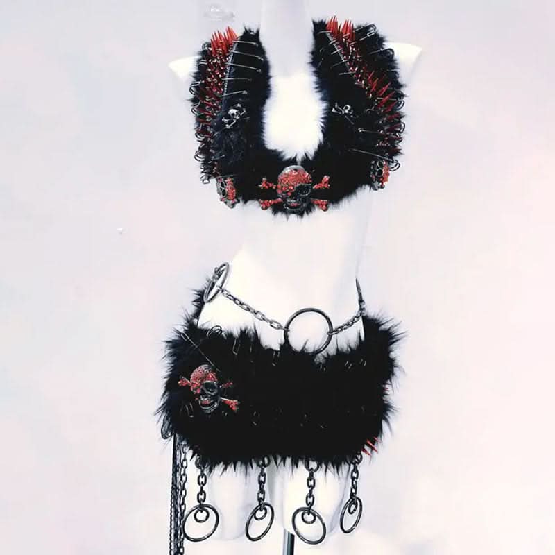 Fierce Spiked Skull Faux Fur Rave Set: Halter Crop Top & Mini Skirt - Halloween & Festival Ready!