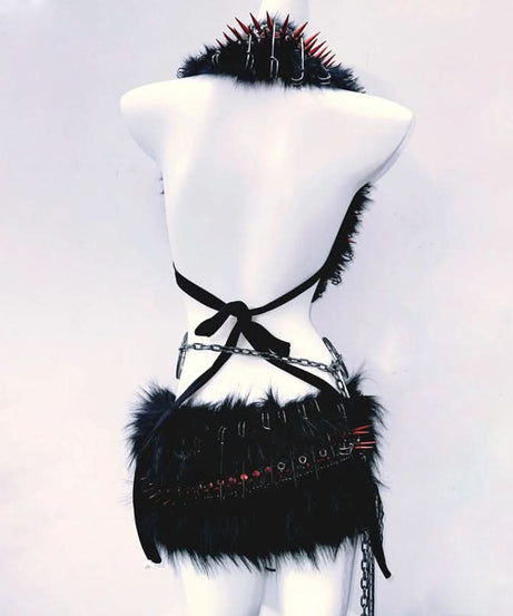 Fierce Spiked Skull Faux Fur Rave Set: Halter Crop Top & Mini Skirt - Halloween & Festival Ready!