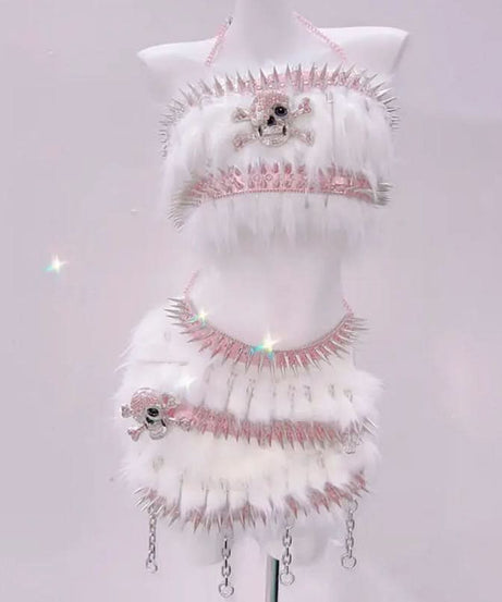 Pink Spiked Skull Fluffy Rave Set - Halloween & Y2K Party Queen Two-Piece