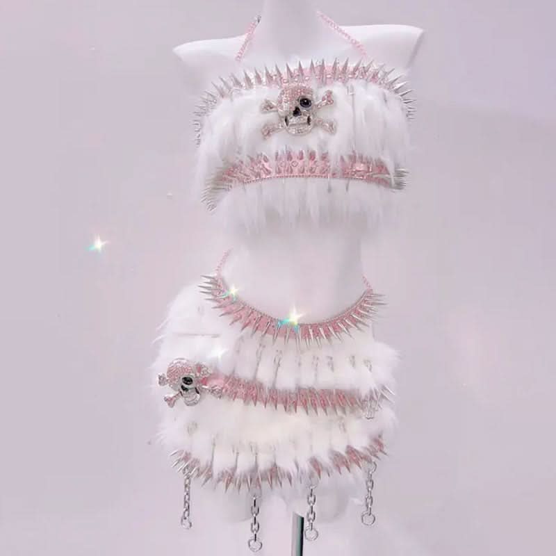 Pink Spiked Skull Fluffy Rave Set - Halloween & Y2K Party Queen Two-Piece