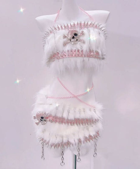Pink Spiked Skull Fluffy Rave Set - Halloween & Y2K Party Queen Two-Piece