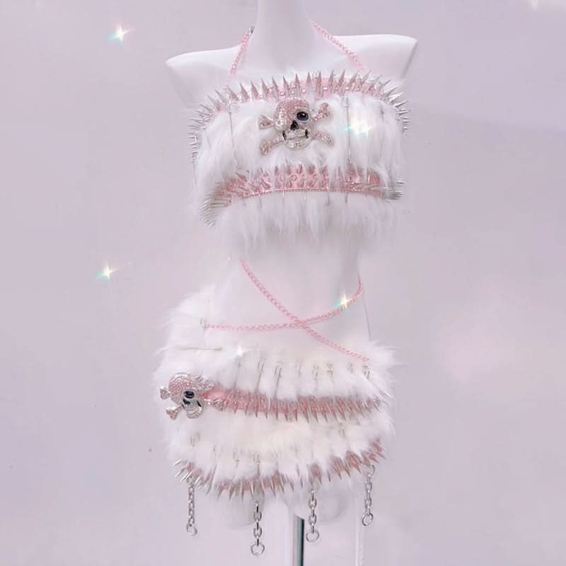 Pink Spiked Skull Fluffy Rave Set - Halloween & Y2K Party Queen Two-Piece