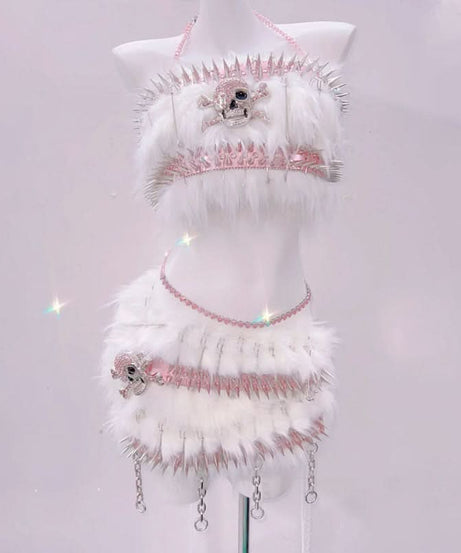 Pink Spiked Skull Fluffy Rave Set - Halloween & Y2K Party Queen Two-Piece