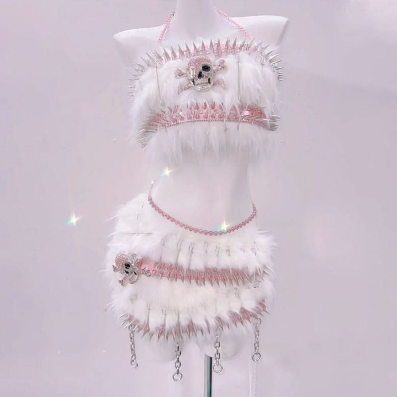 Pink Spiked Skull Fluffy Rave Set - Halloween & Y2K Party Queen Two-Piece