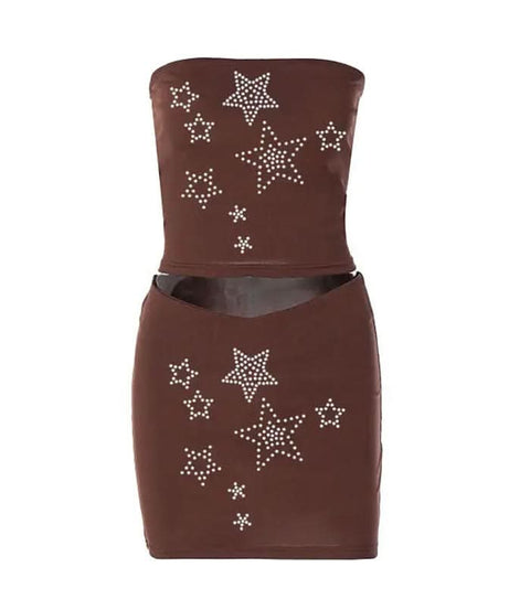 Rhinestone Skeleton Hand Bandeau Top & Star Mini Skirt Set - Y2K Halloween Party Outfit