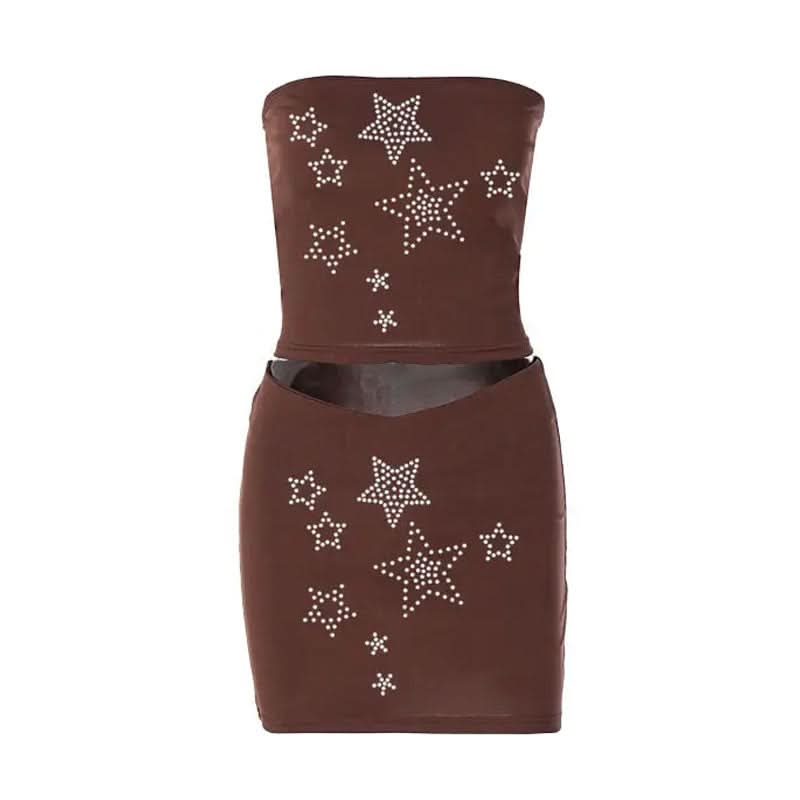 Rhinestone Skeleton Hand Bandeau Top & Star Mini Skirt Set - Y2K Halloween Party Outfit