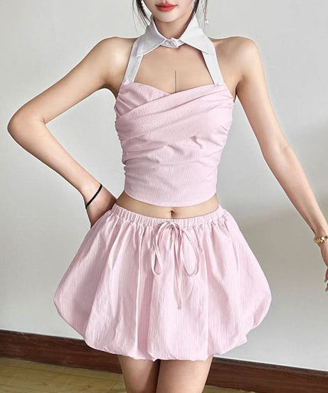 Effortless Pink Stripe Bubble Mini Skirt | Drawstring Comfort for Fall Getaways