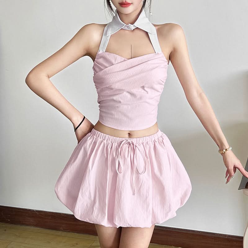 Effortless Pink Stripe Bubble Mini Skirt | Drawstring Comfort for Fall Getaways