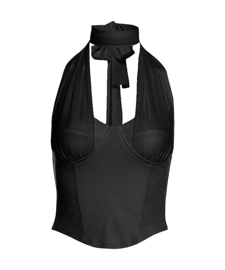 Trendsetting Black Halter Corset Top - Y2K Backless Bustier for Fall & Party Season