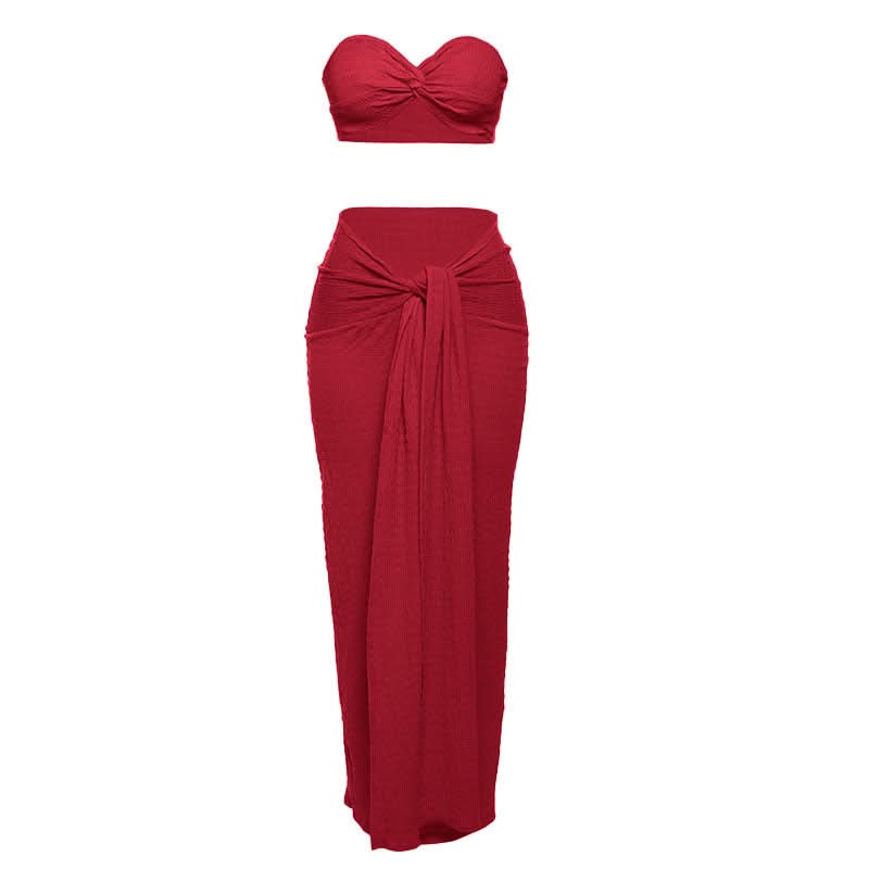 The 'Island Escape' Sunset Coral Textured Knot Two-Piece Set - Chic Bandeau Crop Top & Maxi Skirt for Fall Getaways