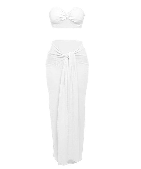 The 'Island Escape' Sunset Coral Textured Knot Two-Piece Set - Chic Bandeau Crop Top & Maxi Skirt for Fall Getaways