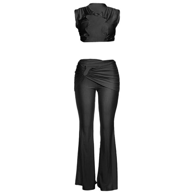 Effortless Chic Ruched Two-Piece Set: Crop Top & Flared Pants - Your Fall & Holiday Statement