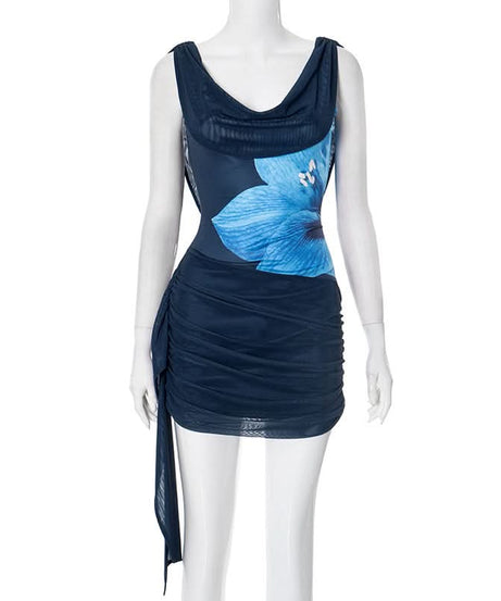 Glamorous Halter Cowl Neck Floral Ruched Mini Dress | Fall & Holiday Party Perfect