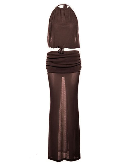 Holiday Escape: Chic Nude Halter Ruched Crop Top & Sheer Maxi Skirt Set