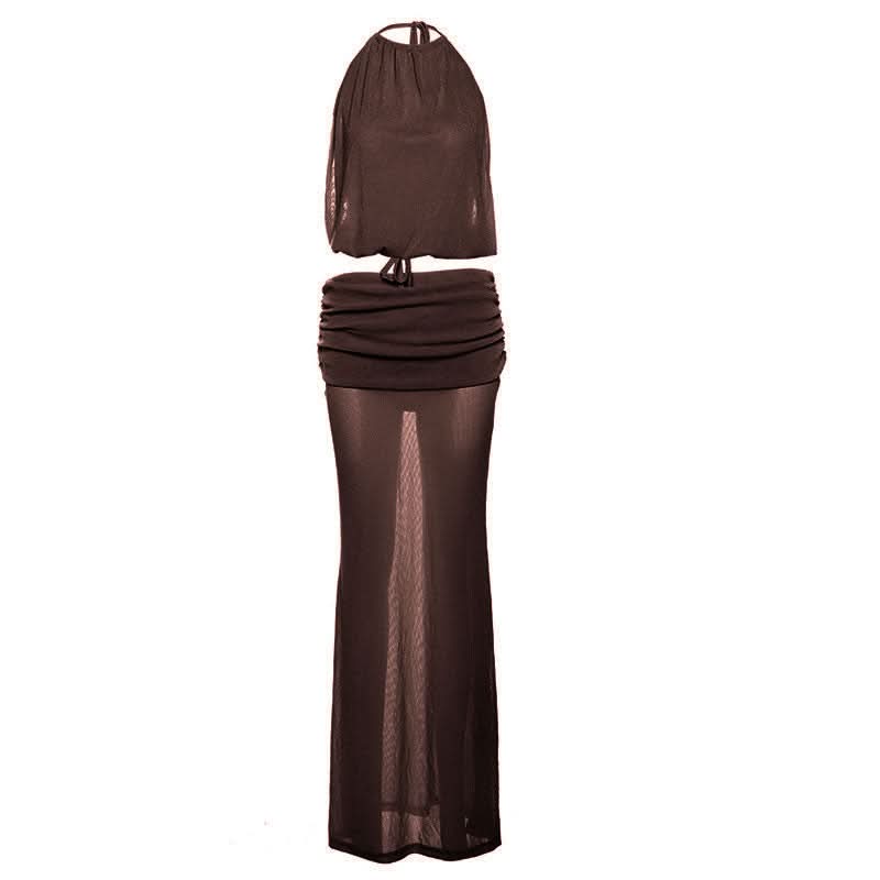 Holiday Escape: Chic Nude Halter Ruched Crop Top & Sheer Maxi Skirt Set