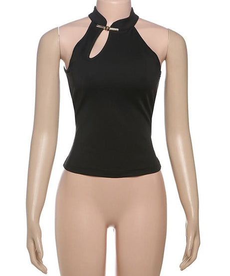 Effortless Chic: Black Halter Neck Keyhole Top with Gold Clasp - Your Fall & Holiday Event Essential