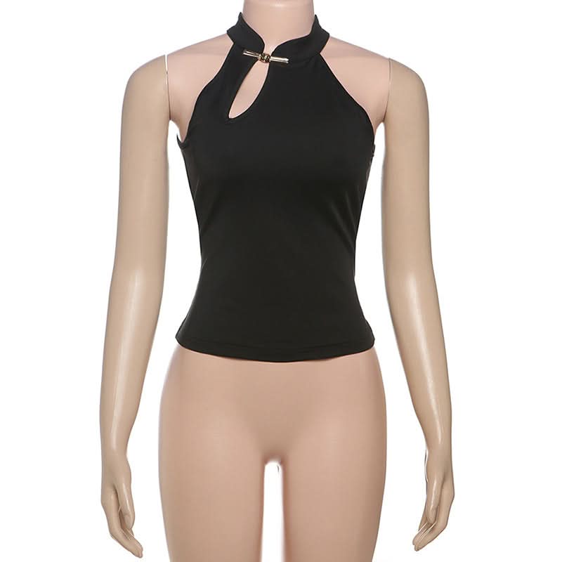 Effortless Chic: Black Halter Neck Keyhole Top with Gold Clasp - Your Fall & Holiday Event Essential