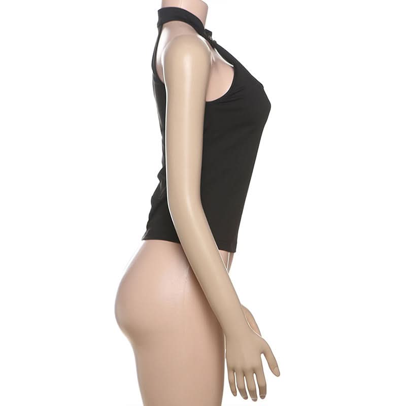 Effortless Chic: Black Halter Neck Keyhole Top with Gold Clasp - Your Fall & Holiday Event Essential