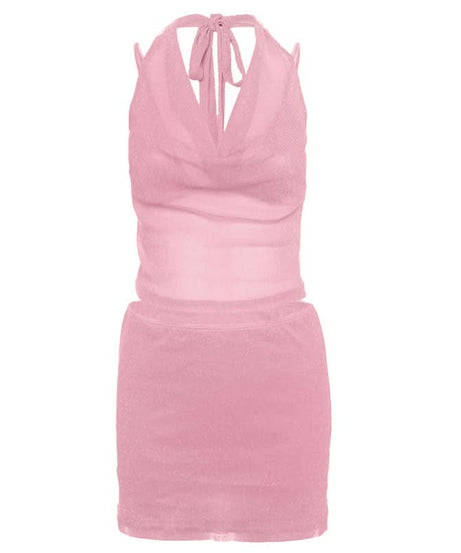 Sparkle & Shine: Golden Halter Cowl Neck Mini Skirt Set - Fall & Holiday Party Ready