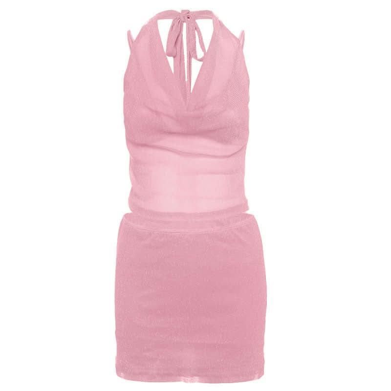 Sparkle & Shine: Golden Halter Cowl Neck Mini Skirt Set - Fall & Holiday Party Ready