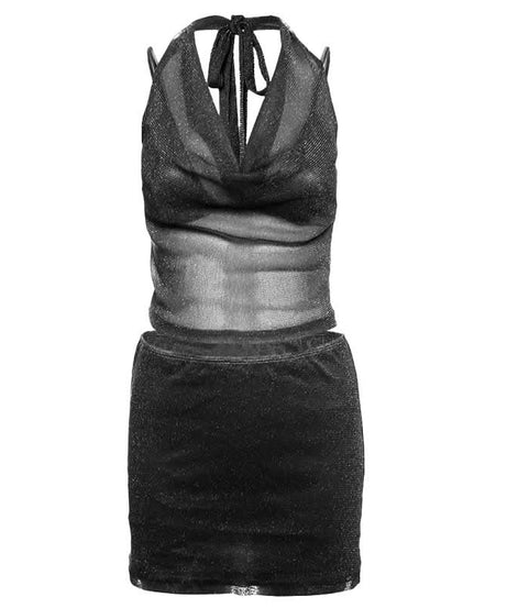 Sparkle & Shine: Golden Halter Cowl Neck Mini Skirt Set - Fall & Holiday Party Ready