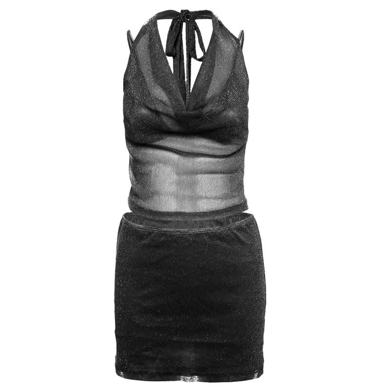 Sparkle & Shine: Golden Halter Cowl Neck Mini Skirt Set - Fall & Holiday Party Ready