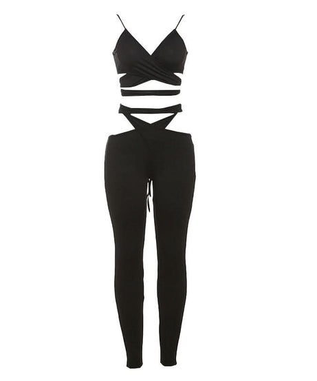 Edgy Black Cut-Out Two-Piece Set: Strappy Crop Top & Self-Tie Leggings for Fall Nights