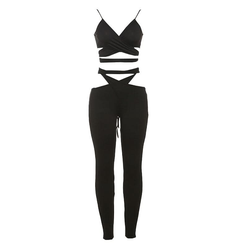 Edgy Black Cut-Out Two-Piece Set: Strappy Crop Top & Self-Tie Leggings for Fall Nights
