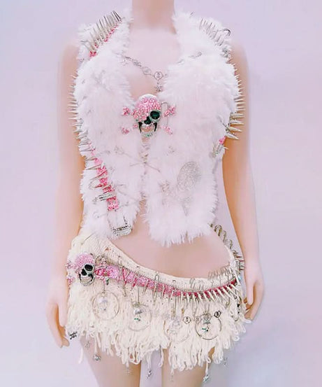 Fierce Fluffy Spiked Skull Two-Piece Set - Your Ultimate Halloween & Festival Statement Outfit!