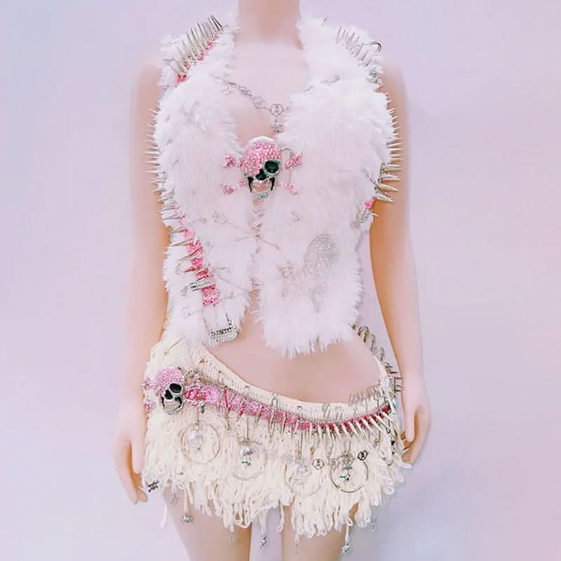 Fierce Fluffy Spiked Skull Two-Piece Set - Your Ultimate Halloween & Festival Statement Outfit!