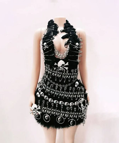 Rebel Glam Skull & Safety Pin Halter Mini Dress | Halloween Party & Goth Clubwear for Women