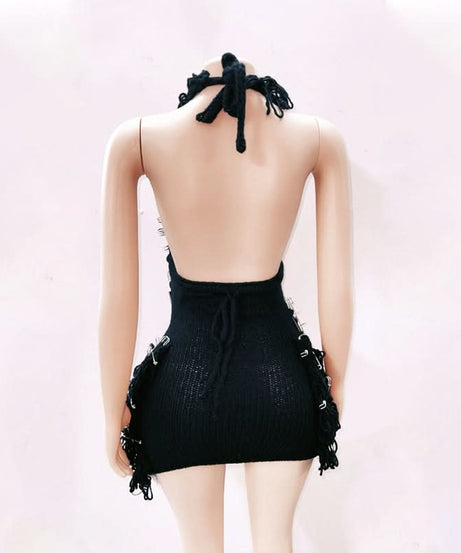 Rebel Glam Skull & Safety Pin Halter Mini Dress | Halloween Party & Goth Clubwear for Women