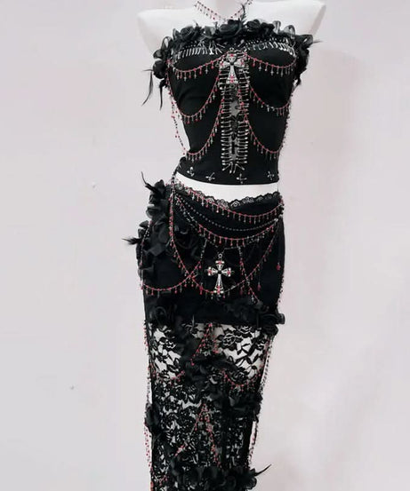 Gothic Siren Two-Piece Set: Edgy Beaded Cross Top & Lace Maxi Skirt for Halloween & Beyond
